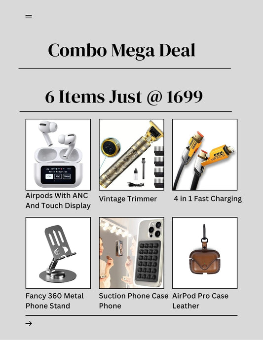 6 IN ONE MEGA COMBO SALE ( Display Apple TWS With ANC, 4 In Fast Data Cable, 360 Metal Phone Stand, Suction Holder Phone, Vintage Trimmer, Airpods Pro Leather Cover,)